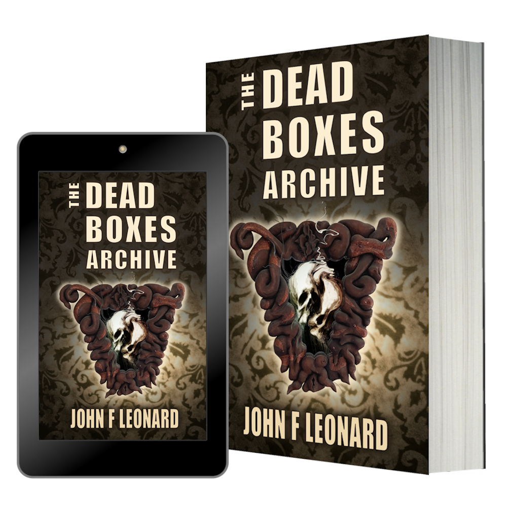 Ebook and paperback covers of Dead Boxes Archive, a horror story collection in the catalogue of books and stories by author / writer John F Leonard.