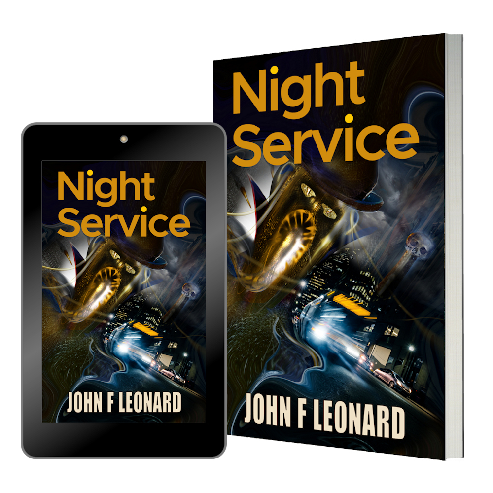 Ebook and paperback covers of Night Service a horror story from the Dead Boxes Archive in the catalogue of books and stories by author / writer John F Leonard.