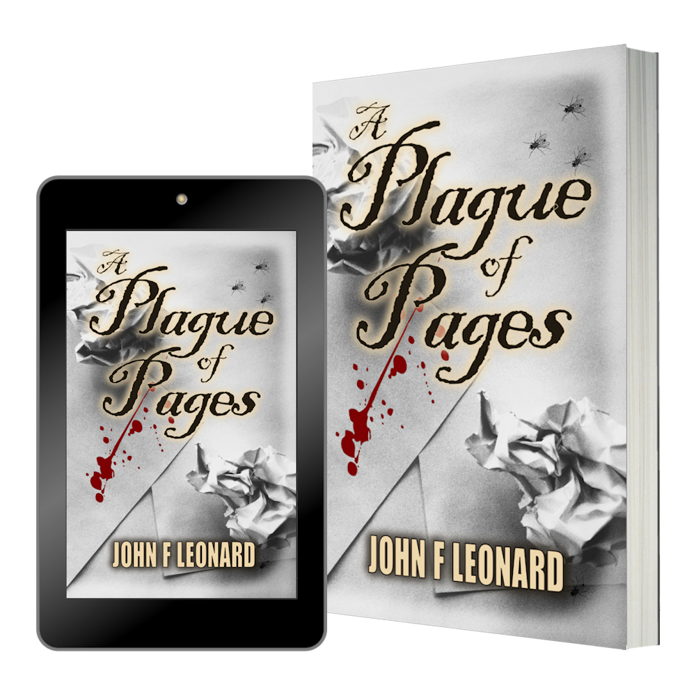 Ebook and paperback covers of A Plague of Pages cosmic horror novella in the catalogue of books and stories by author / writer John F Leonard.