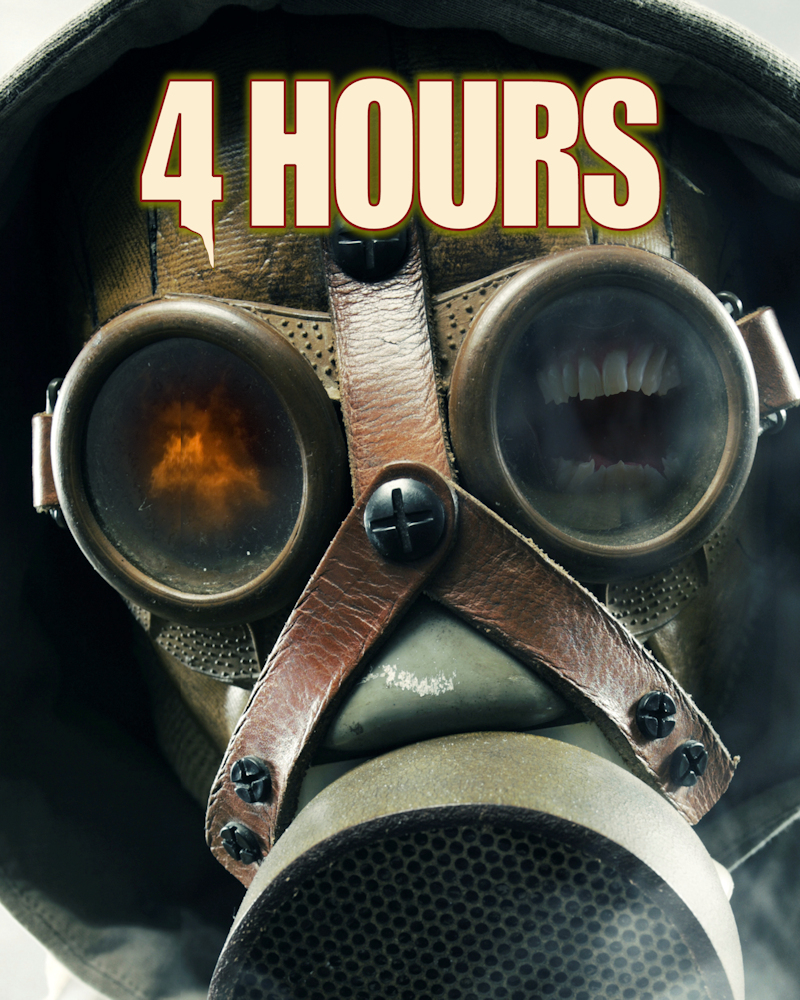 Cover of the 4 Hours post apocalyptic horror novella by John F Leonard showing a gas mask with eye pieces reflecting savage teeth and fire.