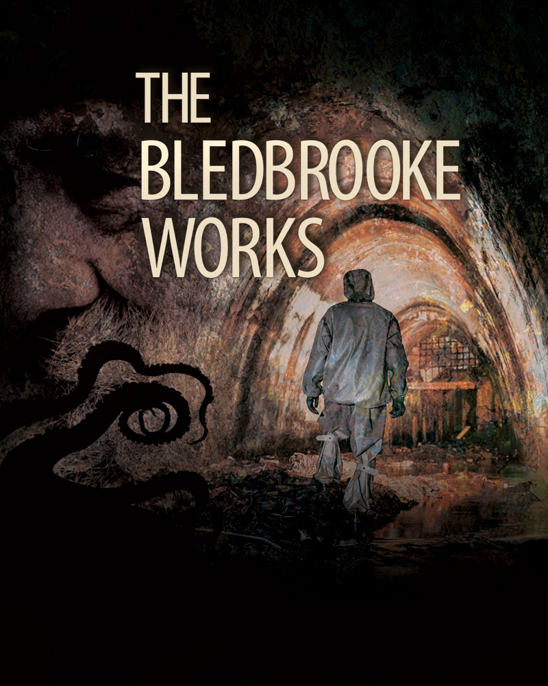 Cover of the Bledbrooke Works cosmic horror story by John F Leonard showing a man in a sewer with tentacles creeping up behind him.