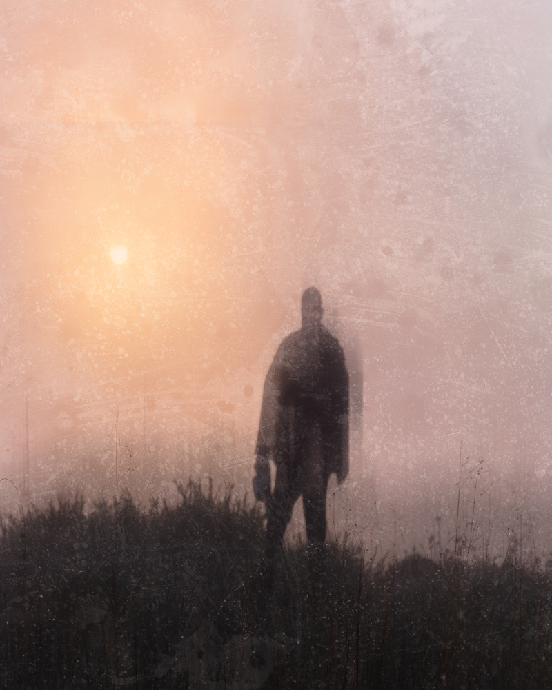 The image of a blurred figure in a strange landscape respresenting myth and folklore in horror fiction by John F Leonard.