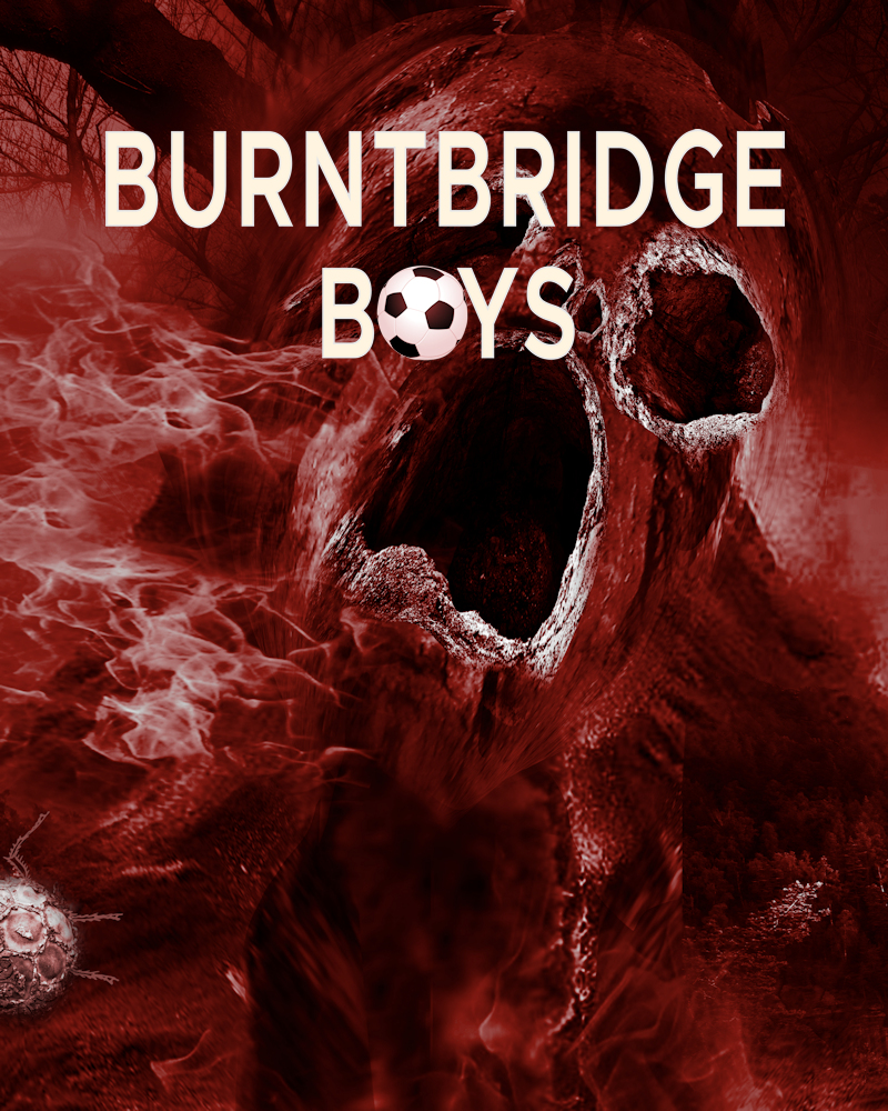 Cover of the Burntbridge Boys football horror story by John F Leonard showing a screaming skull and weird footballs.