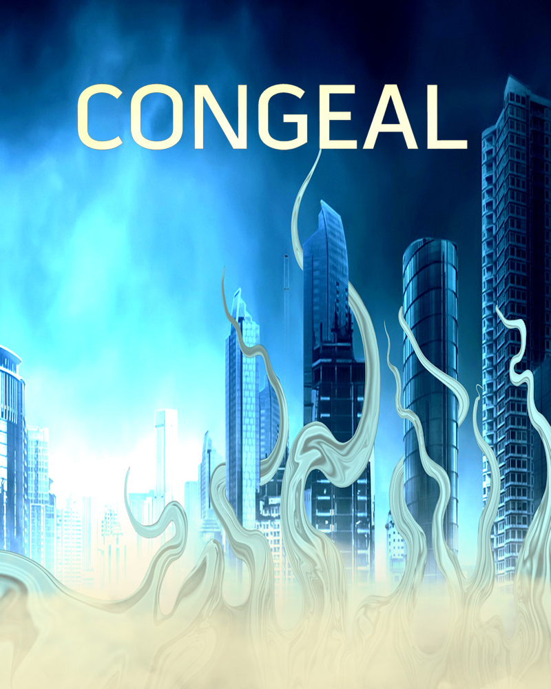 Cover of the Congeal post apocalyptic horror story by John F Leonard showing tower blocks being surrounded by swirling tentacles.