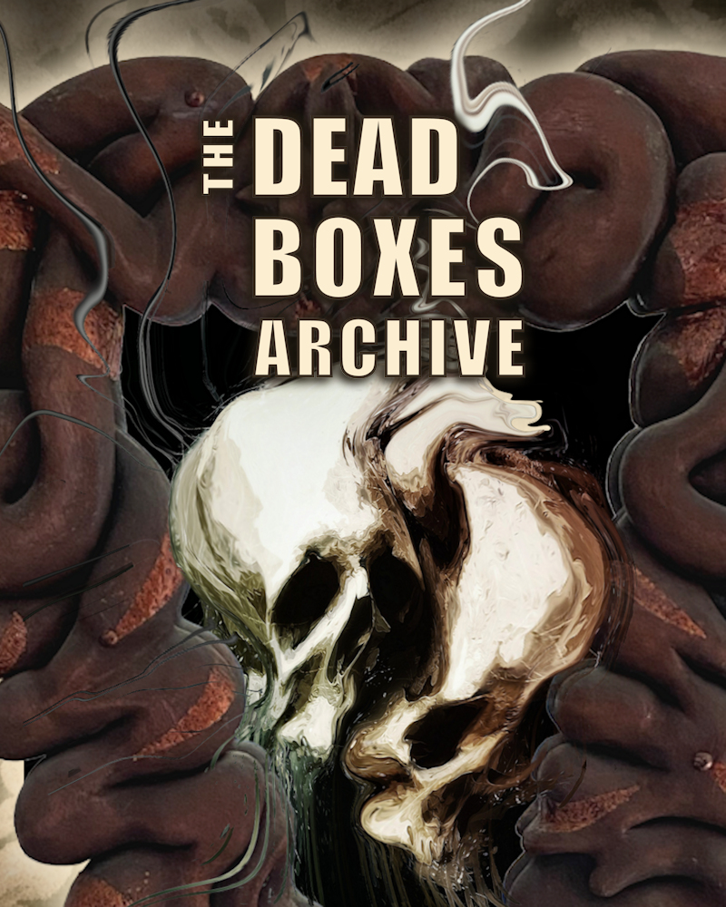 Cover of the Dead Boxes Archive horror story collection by John F Leonard showing a weird frame containing two skulls melting together.