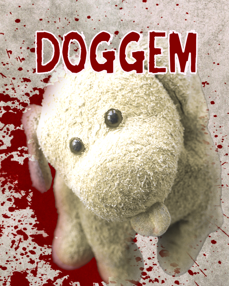 Cover of the Doggem cosmic horror story by John F Leonard showing a cute toy dog and blood splatters.