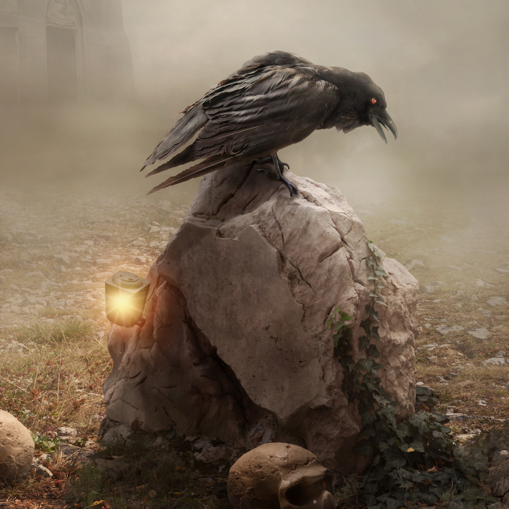 A red-eyed crow standing on a rock with skulls at the base and abandoned church in the background pointing toward the newsletter page.
