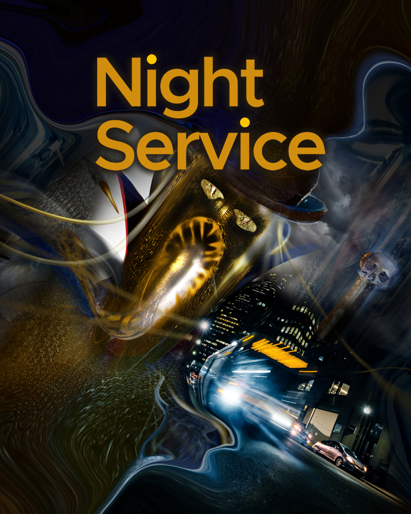 Cover of the Night Service horror story by John F Leonard showing a vampire creature and a blurred speeding bus.