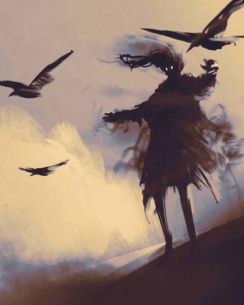 Colour image of a demonic figure with birds swirling above it - the Scaeth from the Scaeth Mythos horror books stories by John F Leonard.