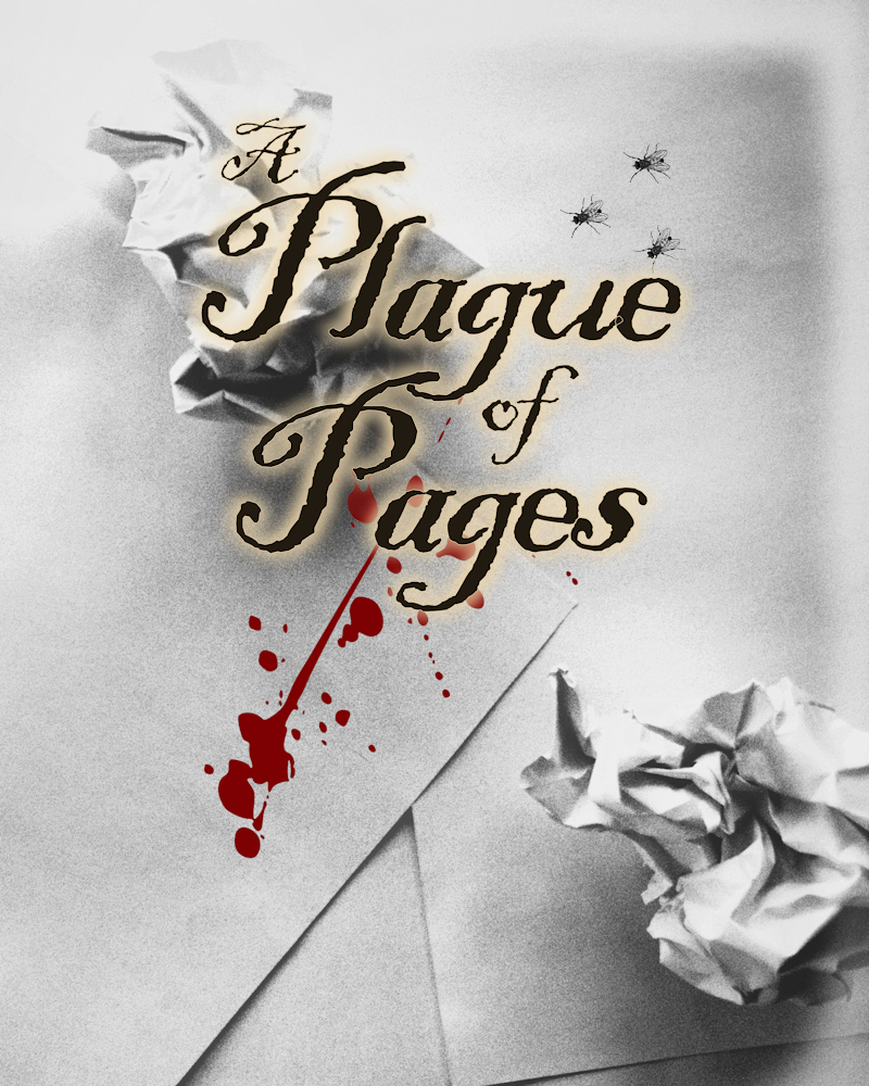 Cover of the A Plague of Pages horror novella by John F Leonard showing blood-splattered crumpled pieces of paper.