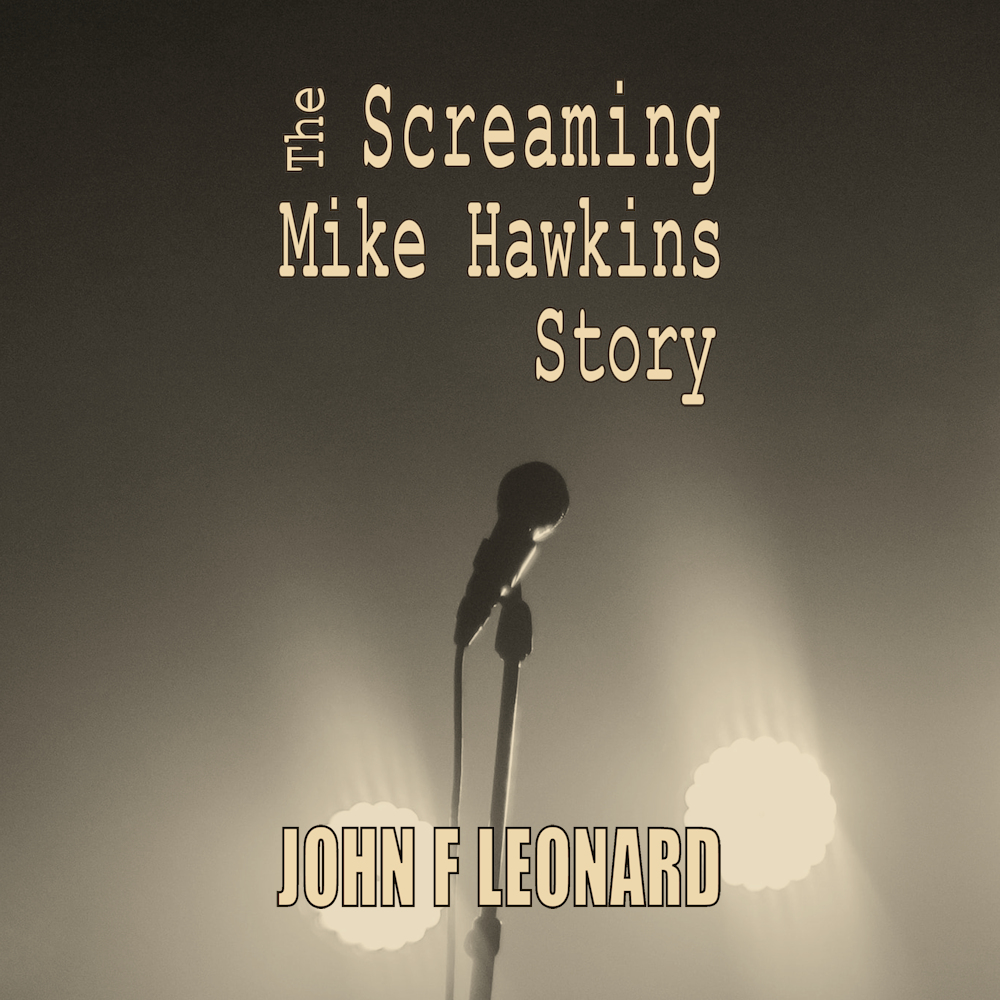 Screaming Mike Hawkins Story book cover - a microphone and empty stage - one of the Dead Boxes horror books stories by John F Leonard.