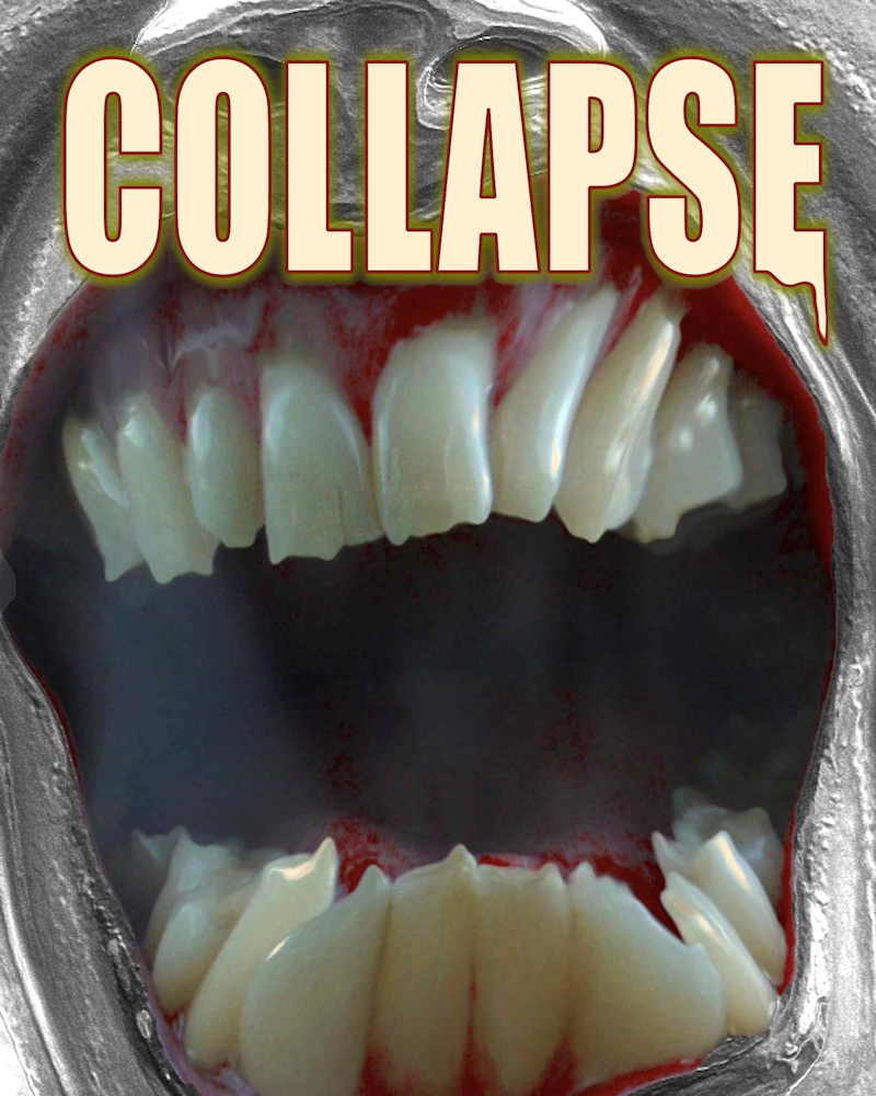 Cover of Collapse - snarling mutated mouth and teeth - an apocalyptic horror novel, one of the books by John F Leonard.