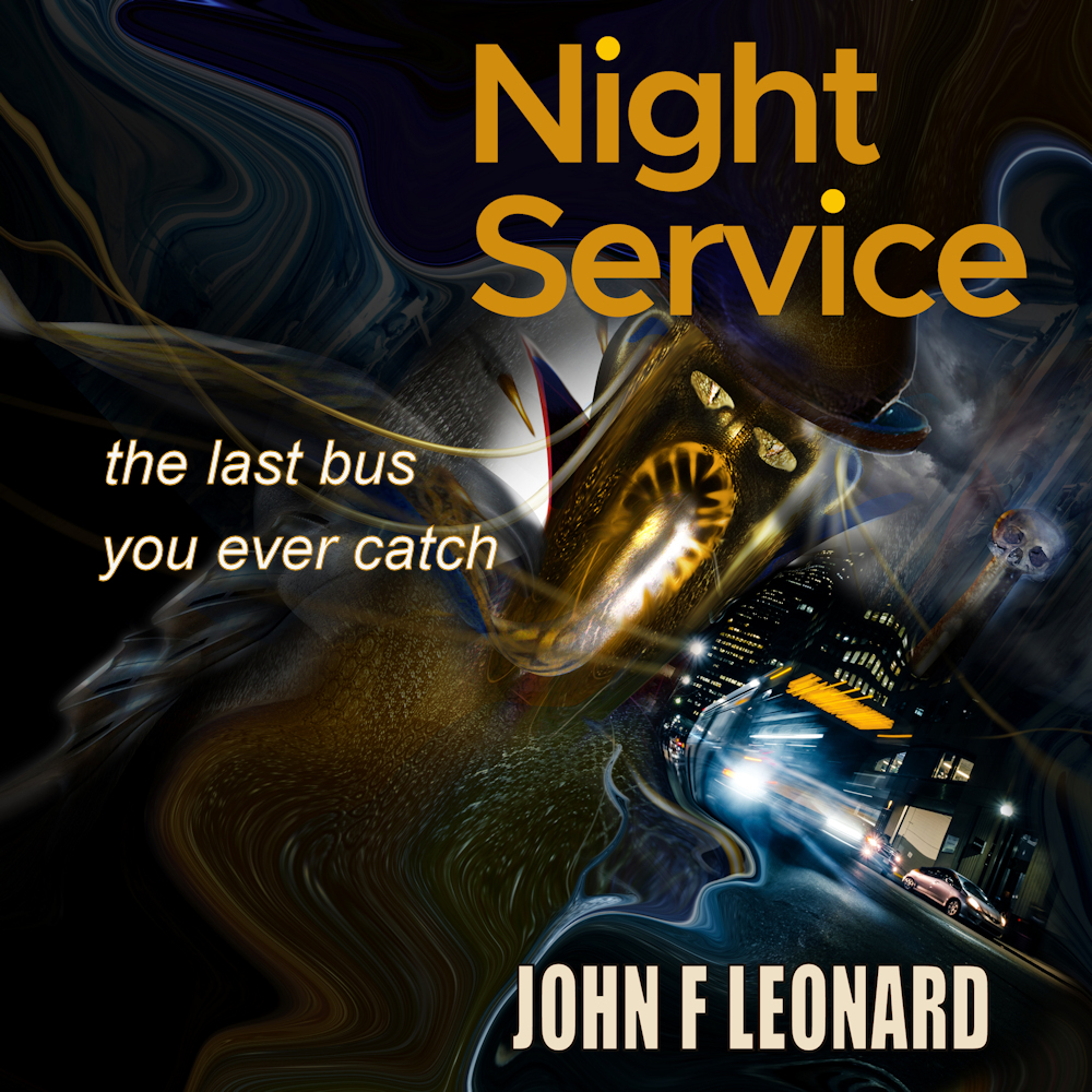 Night Service book cover - a speeding bus and growling vampire creature - one of the Dead Boxes horror books stories by John F Leonard.